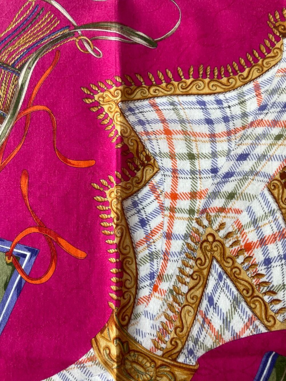 Vintage Celine Equestrian Tartan Cotton Scarf Pink Rolled Hem - Picture 13 of 13
